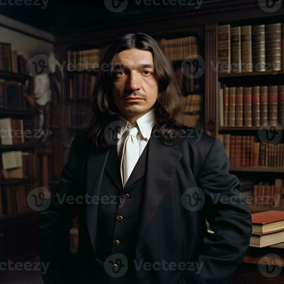 rene descartes moderno filósofo e empreendedor dentro elegante vestuário foto