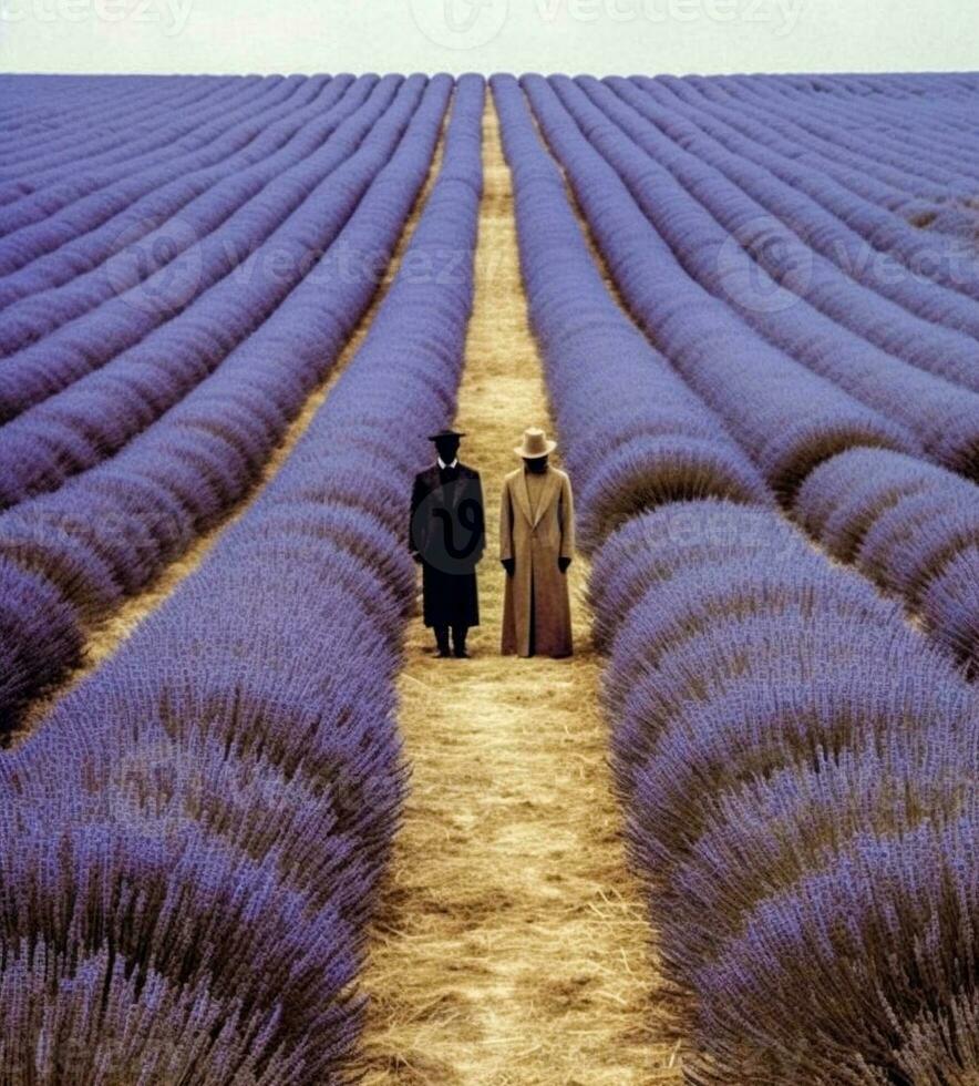 dois inquietante personagens no meio uma lavanda campo generativo ai foto