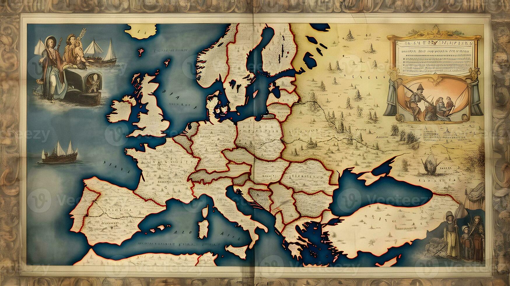 medieval mapa do Europa em velho pergaminho generativo ai arte foto