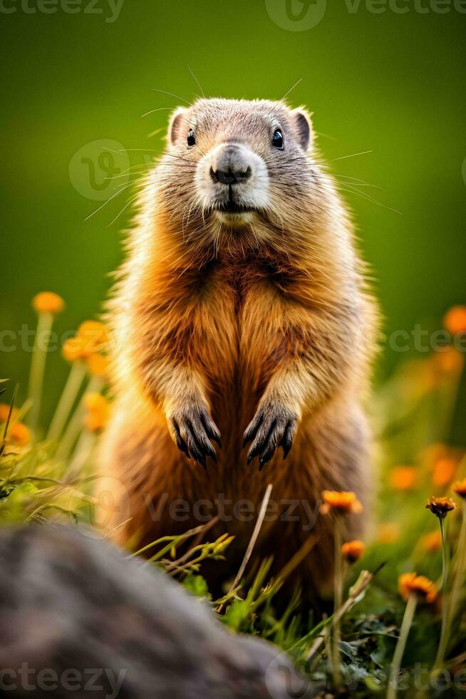 majestoso marmota uma montanha retrato generativo ai foto