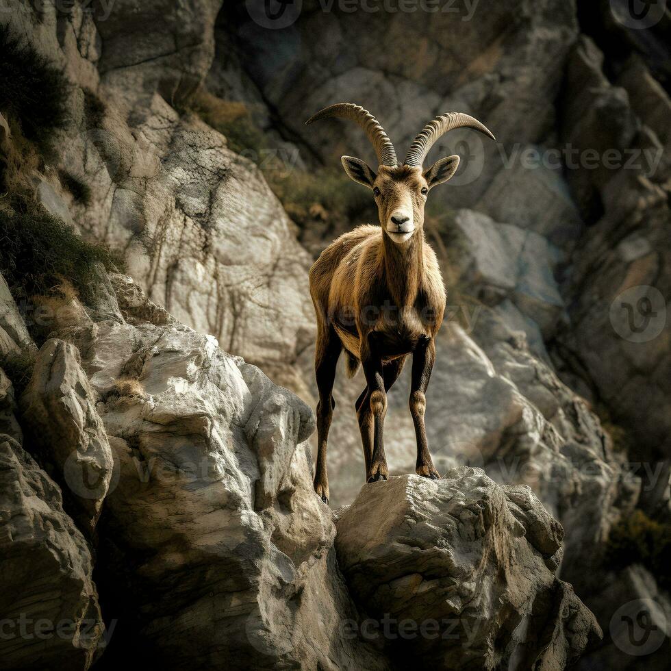 majestoso íbex em uma penhasco, deslumbrante natural luz generativo ai fotografia foto