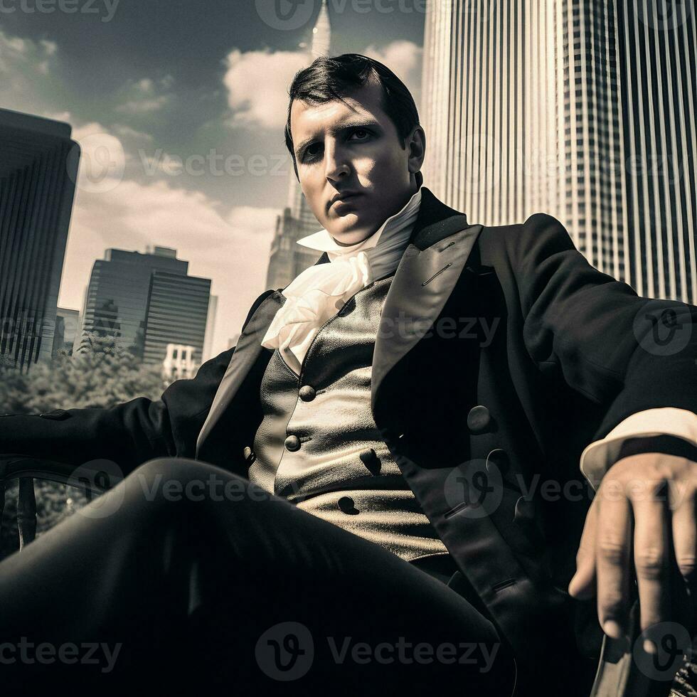 uma impressionante retrato do napoleão Bonaparte transformado para dentro uma moderno corporativo executivo, criada usando generativo ai. foto