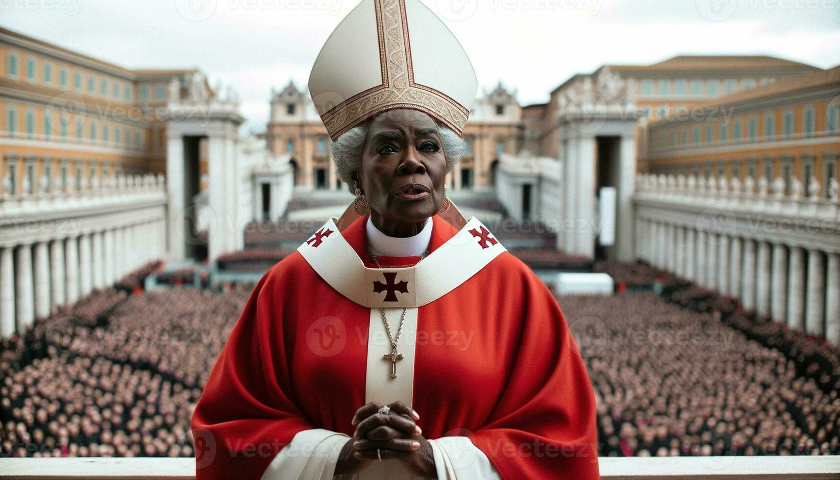 perturbador feminismo Preto menina papa às Vaticano sacada. generativo ai. foto