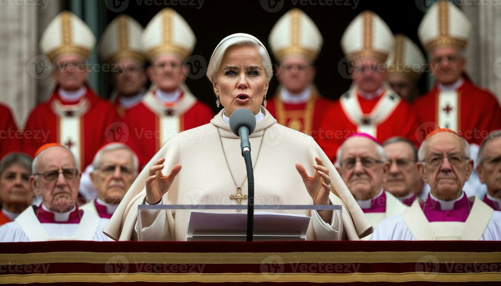 histórico momento fêmea papa eleito em Vaticano sacada. generativo ai. foto