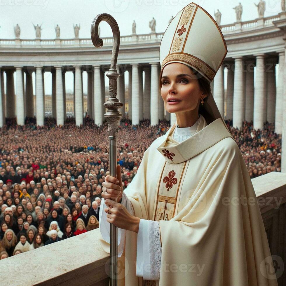 histórico momento fêmea papa eleito em Vaticano sacada. generativo ai. foto