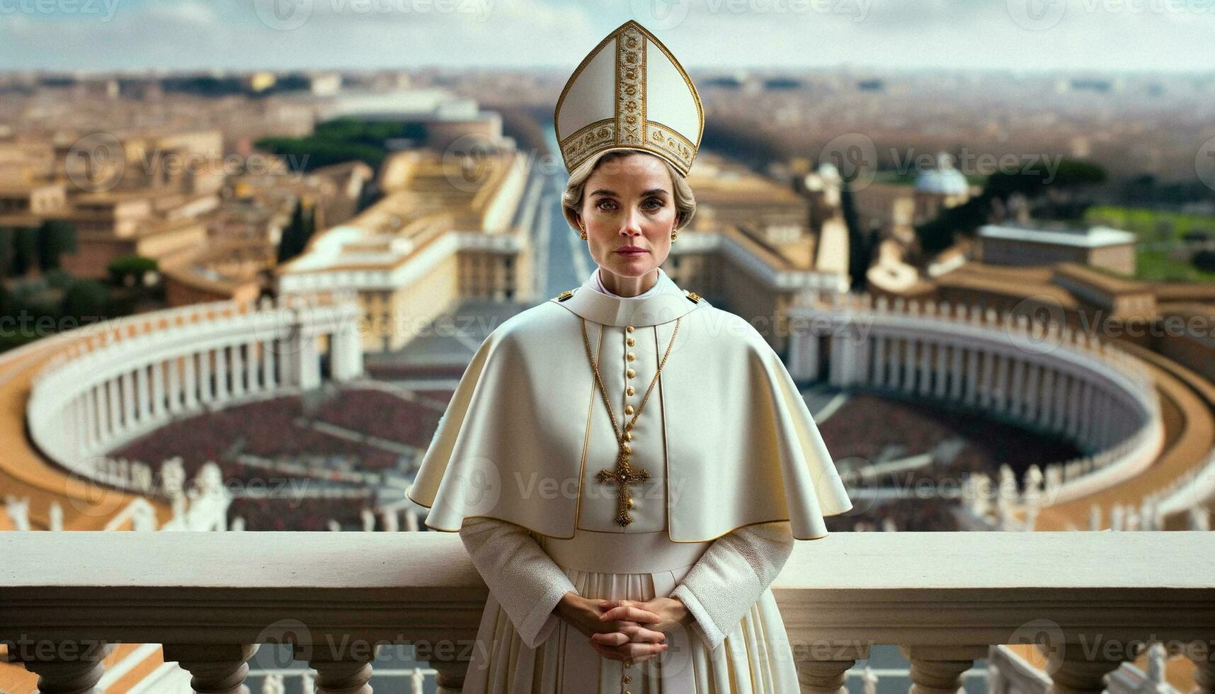 histórico momento fêmea papa eleito em Vaticano sacada. generativo ai. foto