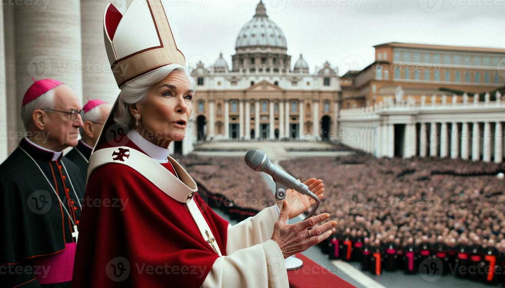 histórico momento fêmea papa eleito em Vaticano sacada. generativo ai. foto