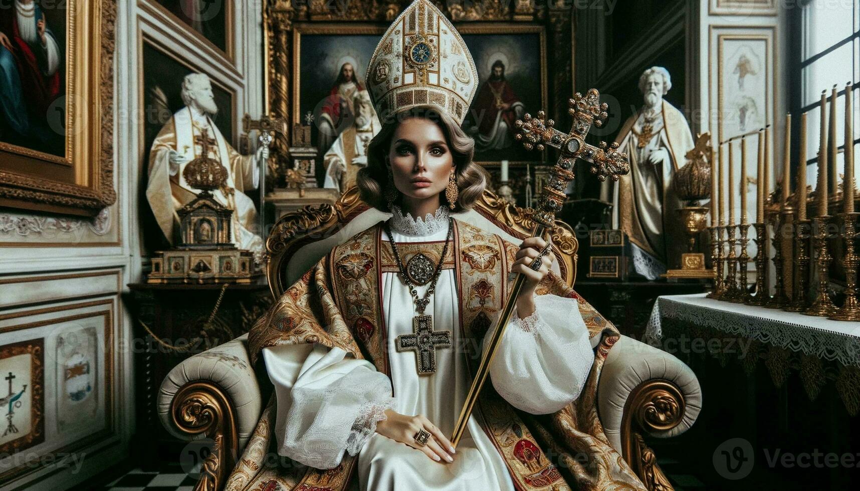 histórico momento jovem mulher eleito papa dentro católico regalia. generativo ai foto