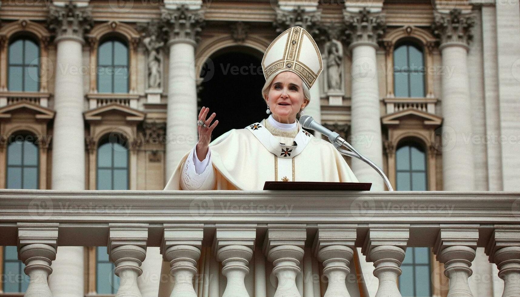 histórico momento fêmea papa eleito em Vaticano sacada. generativo ai. foto