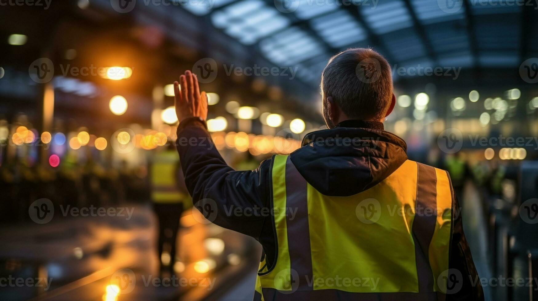 costas Visão do uma homem dentro amarelo reflexivo colete acenando dele mão às a aeroporto. foto