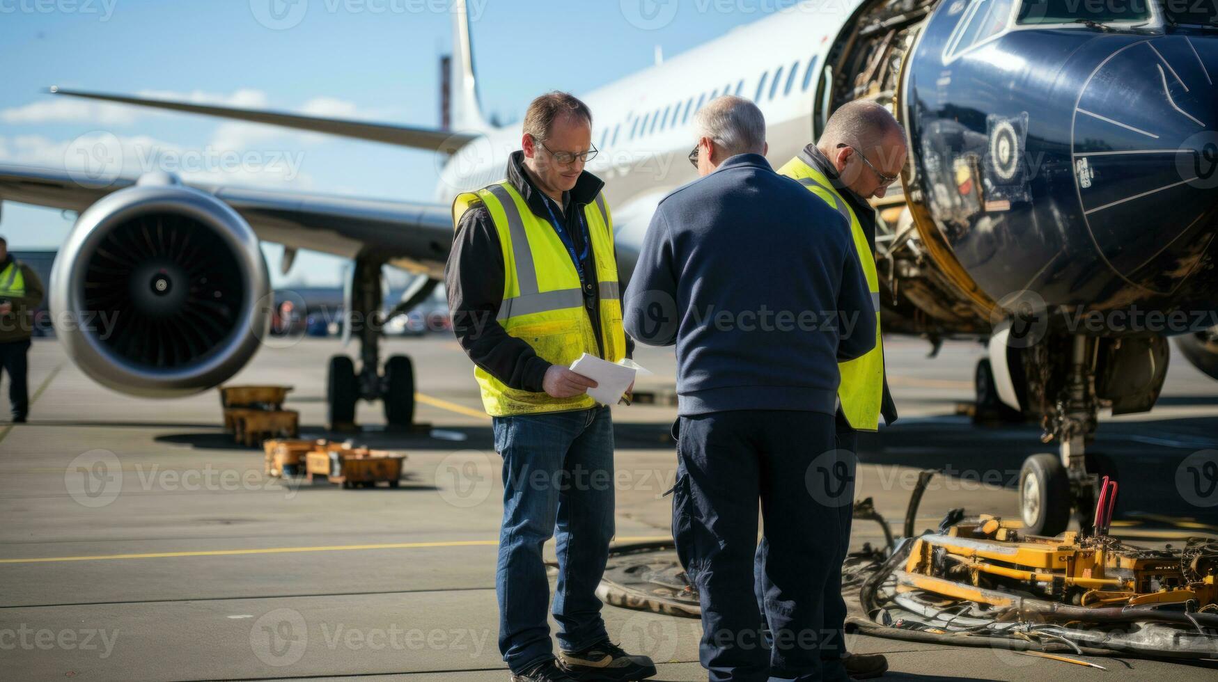 frente Visão do dois maduro homens trabalhadores dentro amarelo coletes em pé dentro frente do avião reparar. foto