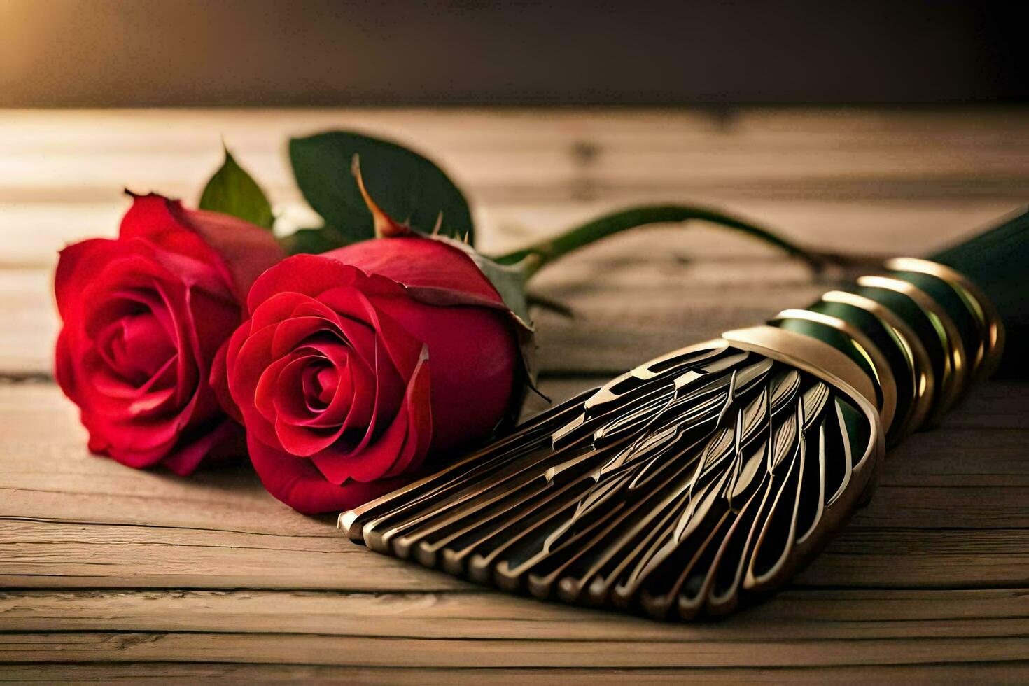 dois vermelho rosas e uma escova em uma de madeira mesa. gerado por IA foto