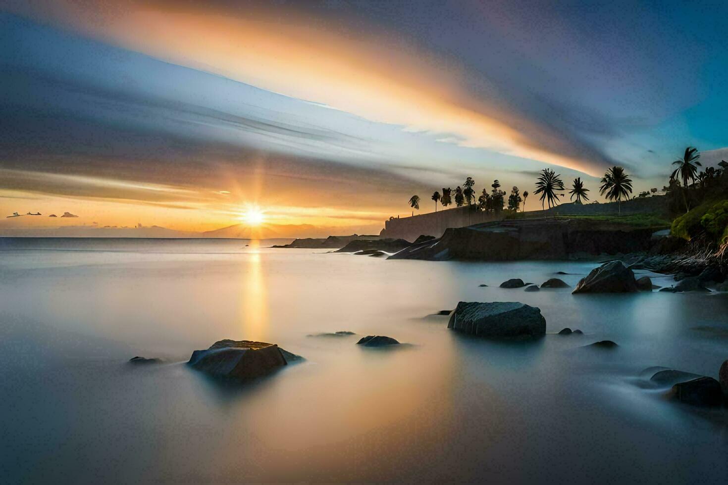 a Sol conjuntos sobre a oceano e pedras. gerado por IA foto