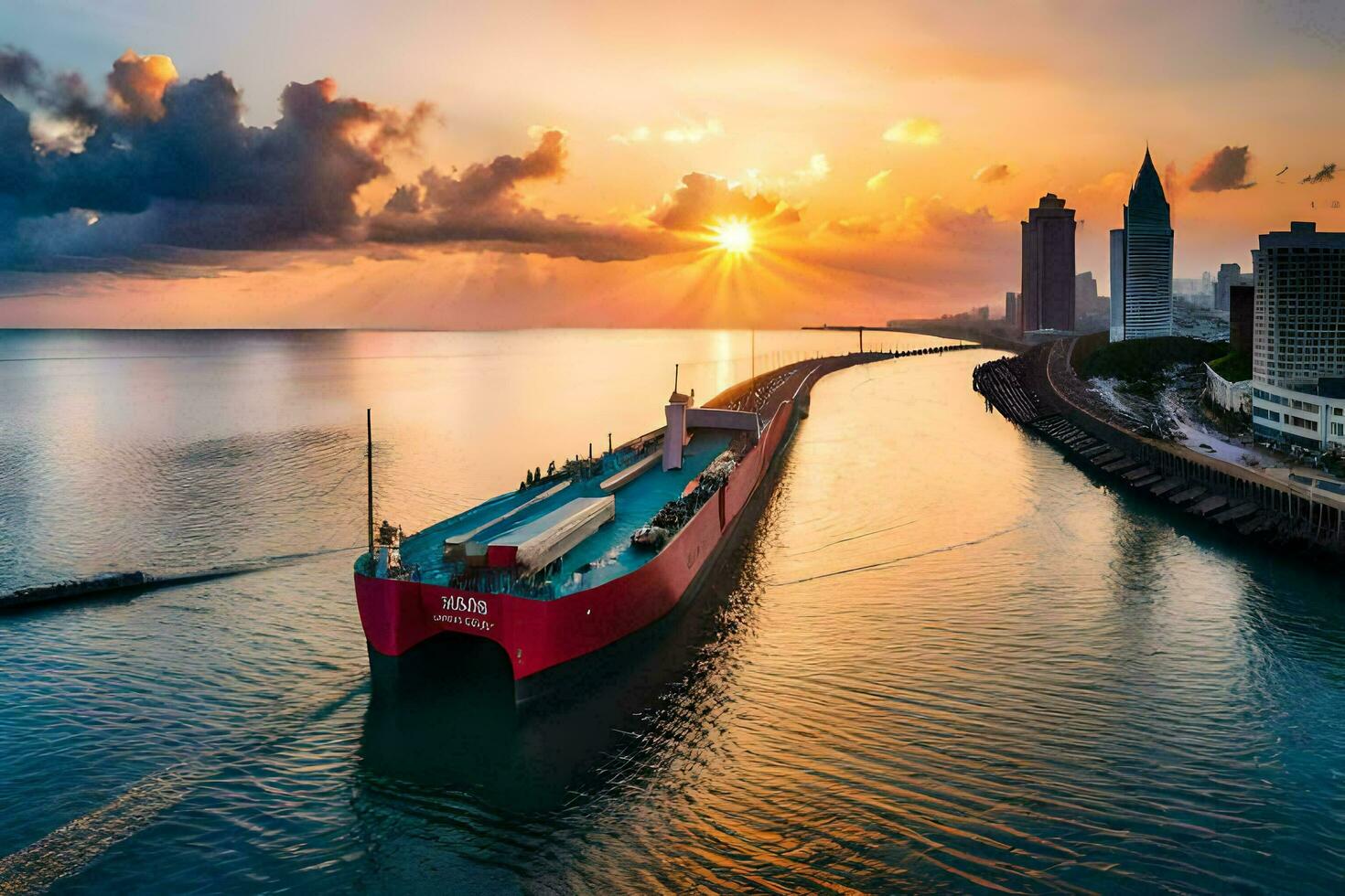 uma carga navio dentro a água às pôr do sol. gerado por IA foto