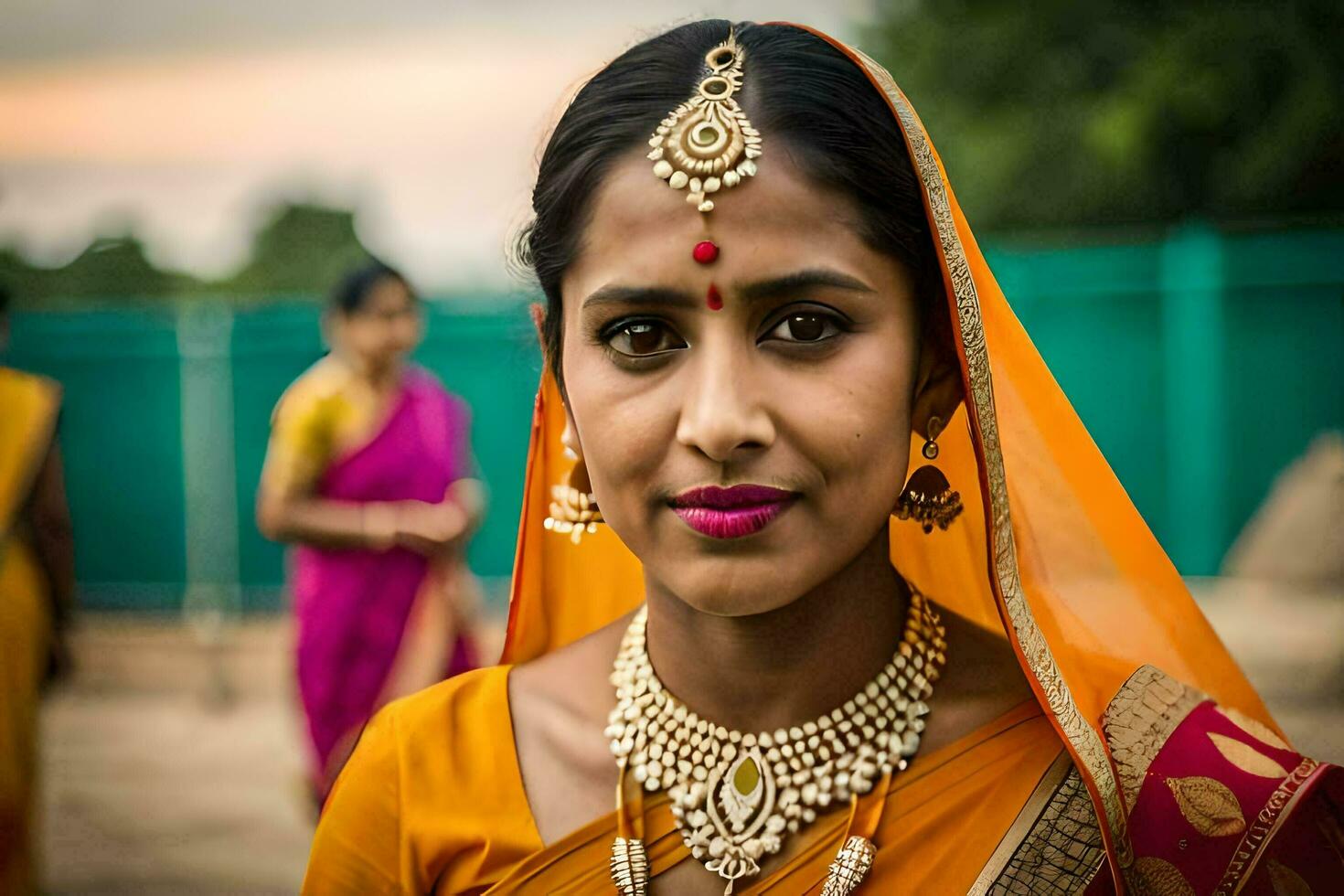 uma mulher dentro a laranja sari com ouro joia. gerado por IA foto