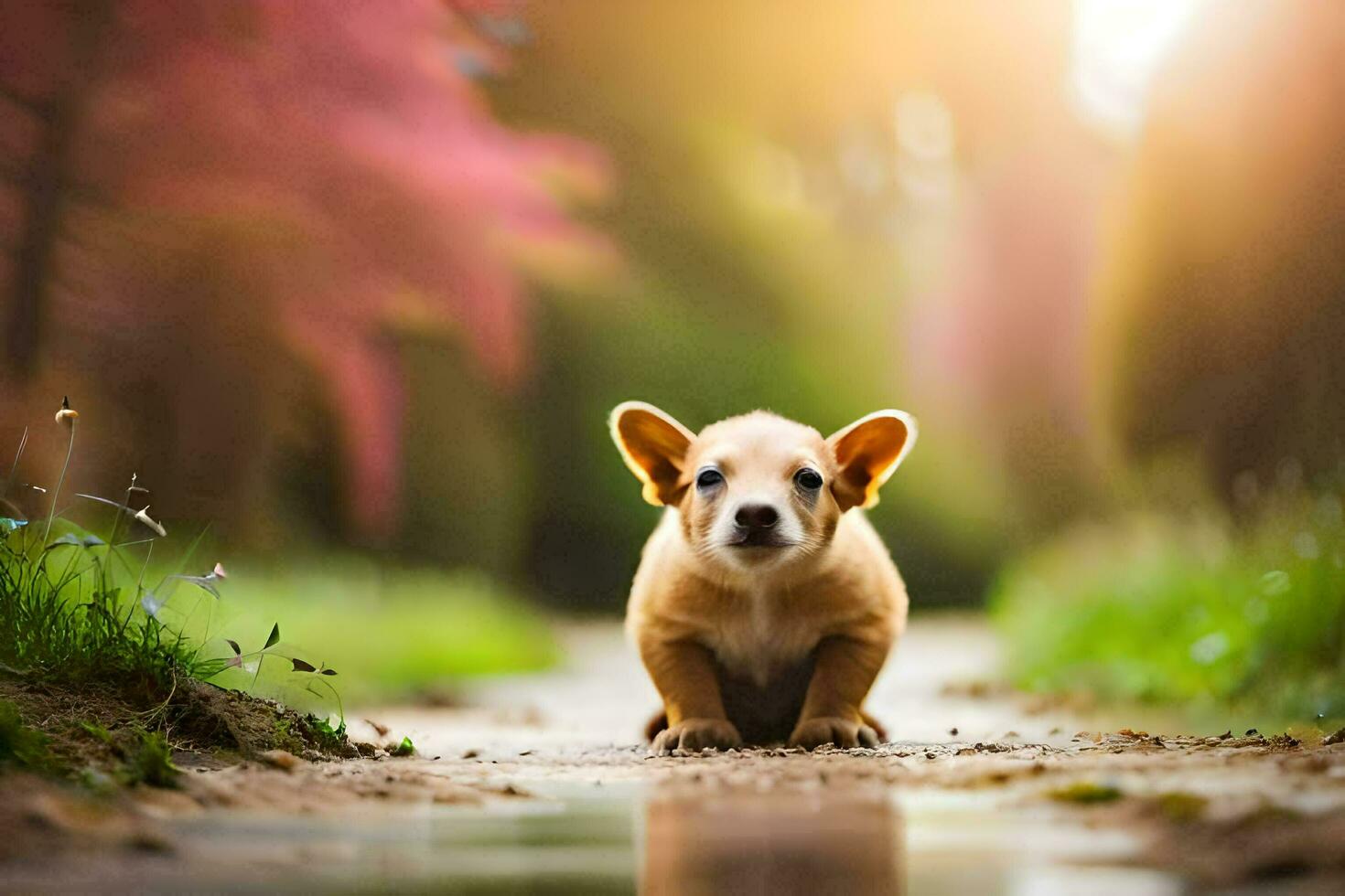 uma cachorro é em pé dentro a água em uma caminho. gerado por IA foto