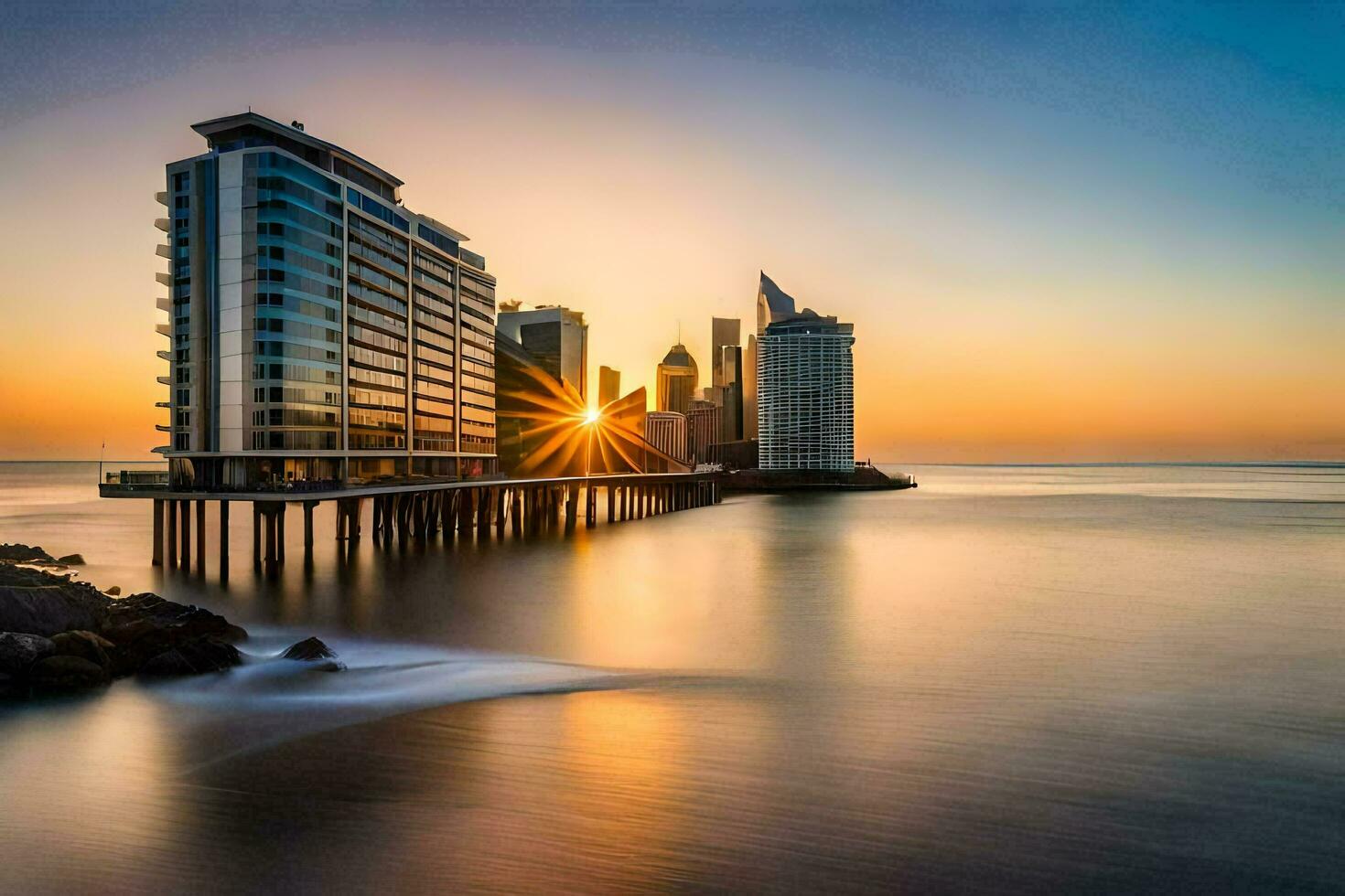 a Sol conjuntos sobre uma cidade Horizonte e oceano. gerado por IA foto