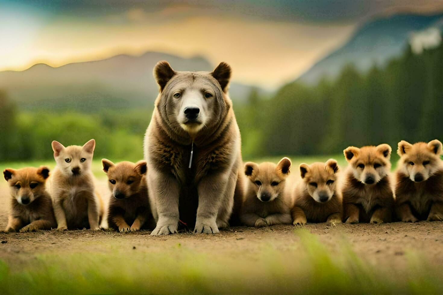 uma Urso e dela filhotes estão em pé junto. gerado por IA foto