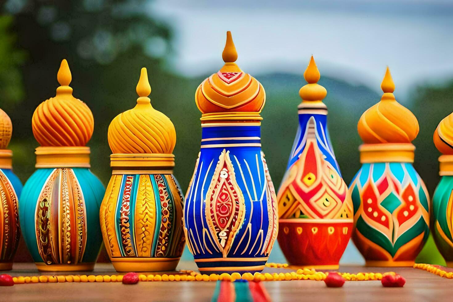 colorida de madeira vasos com colorida desenhos em eles. gerado por IA foto