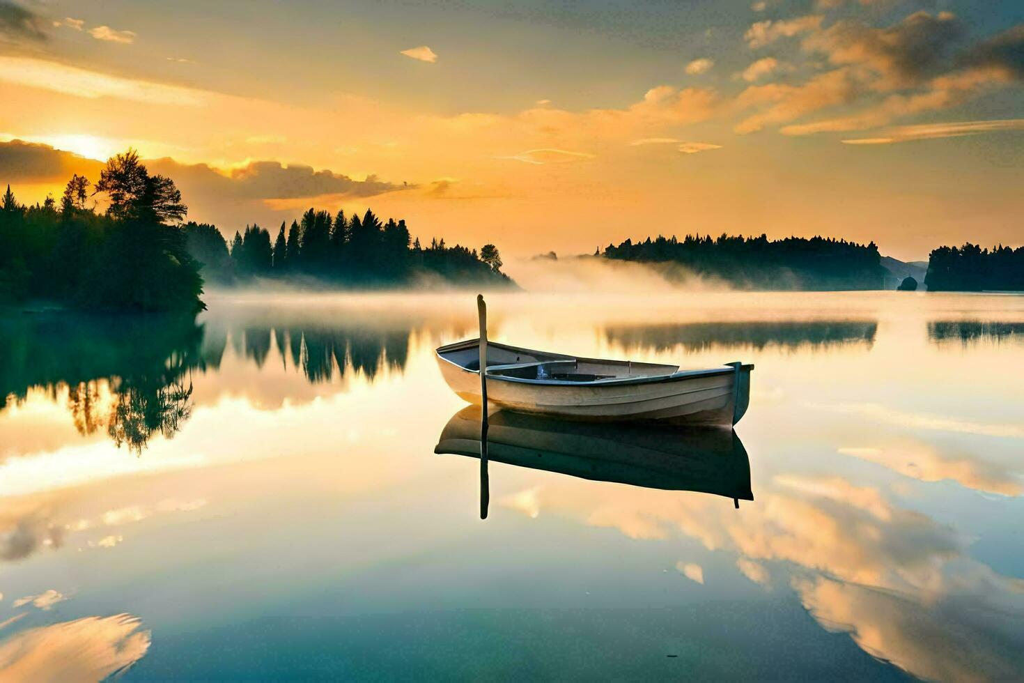 uma barco em uma lago às pôr do sol. gerado por IA foto