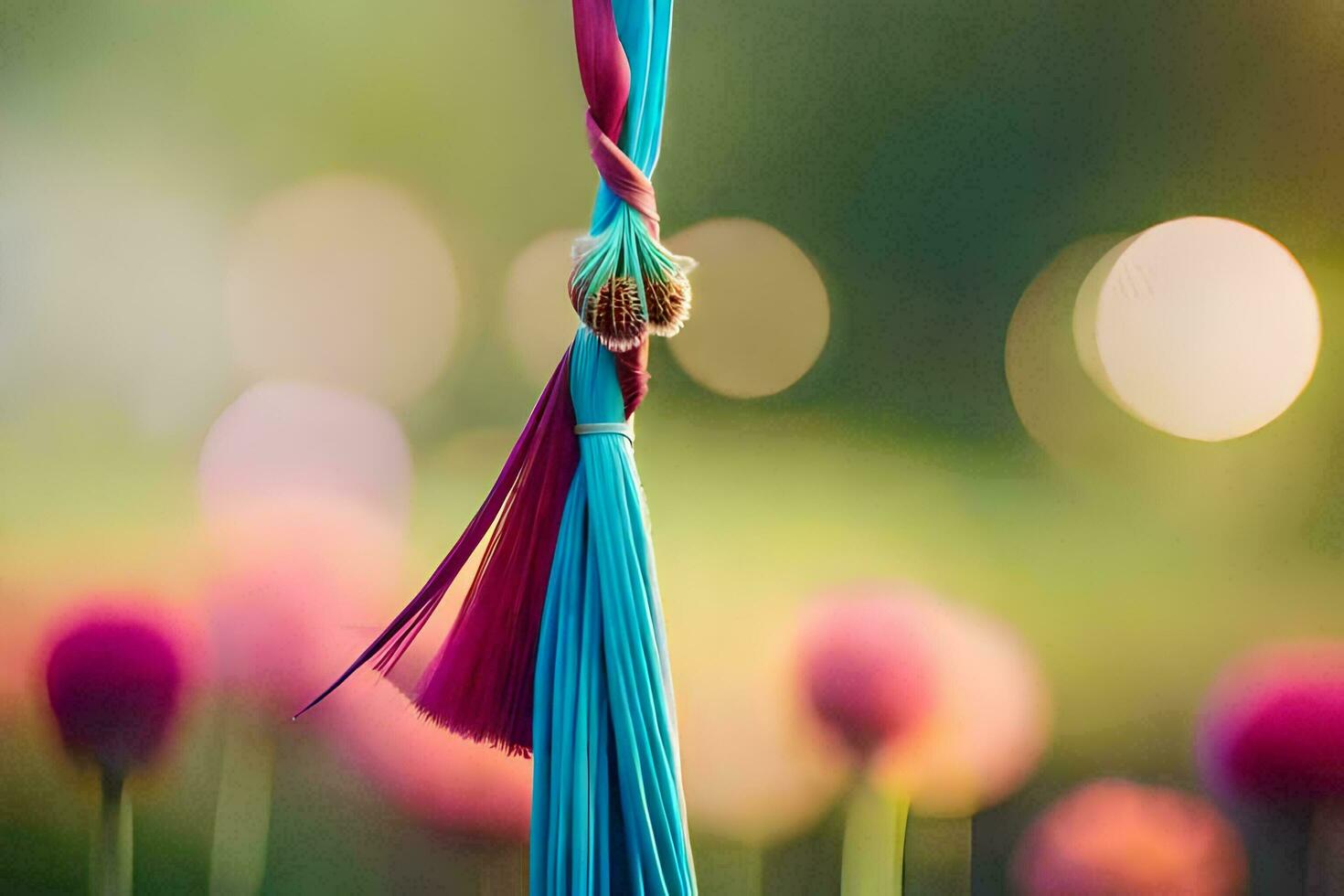 colorida pendão suspensão a partir de uma árvore dentro frente do Rosa flores gerado por IA foto