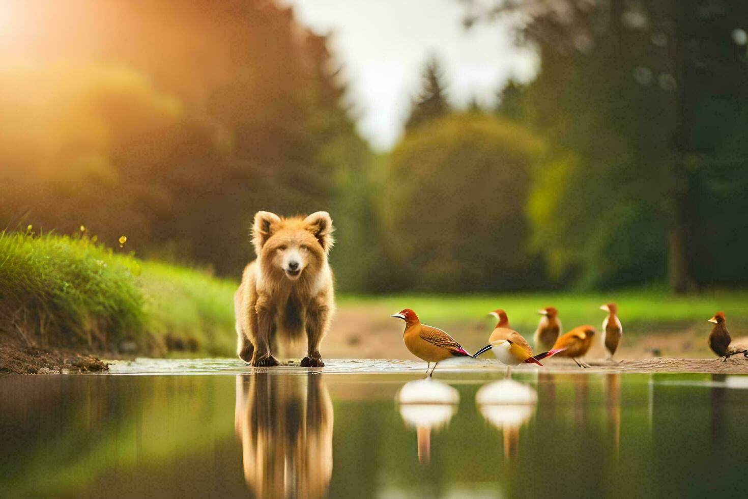 uma cachorro é em pé dentro a água com patos. gerado por IA foto