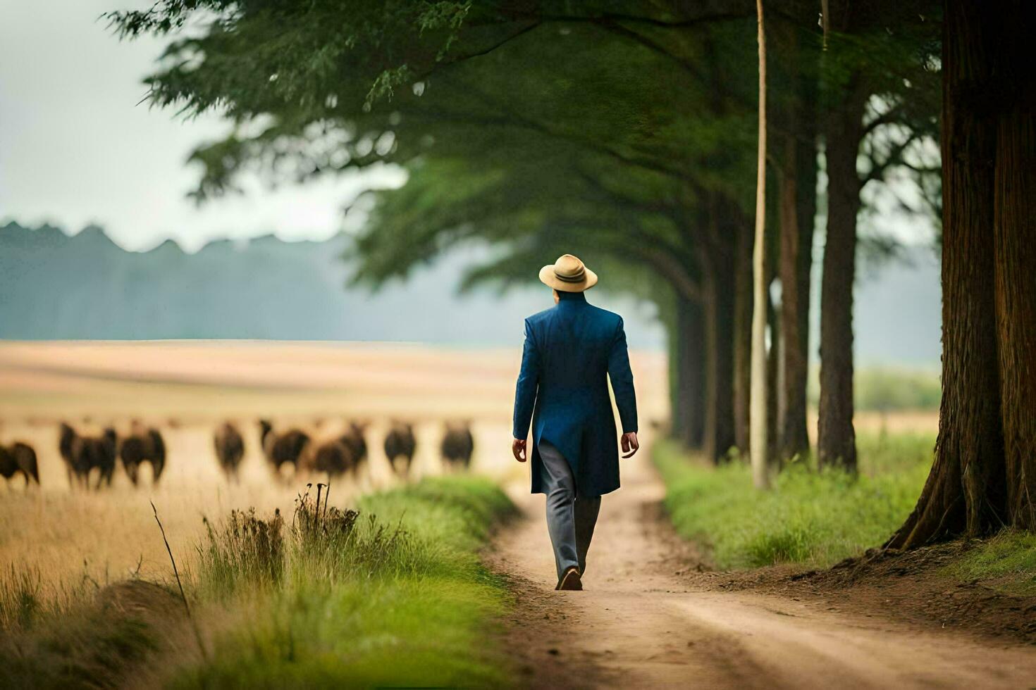 uma homem dentro uma azul terno anda em baixa uma sujeira estrada com gado. gerado por IA foto