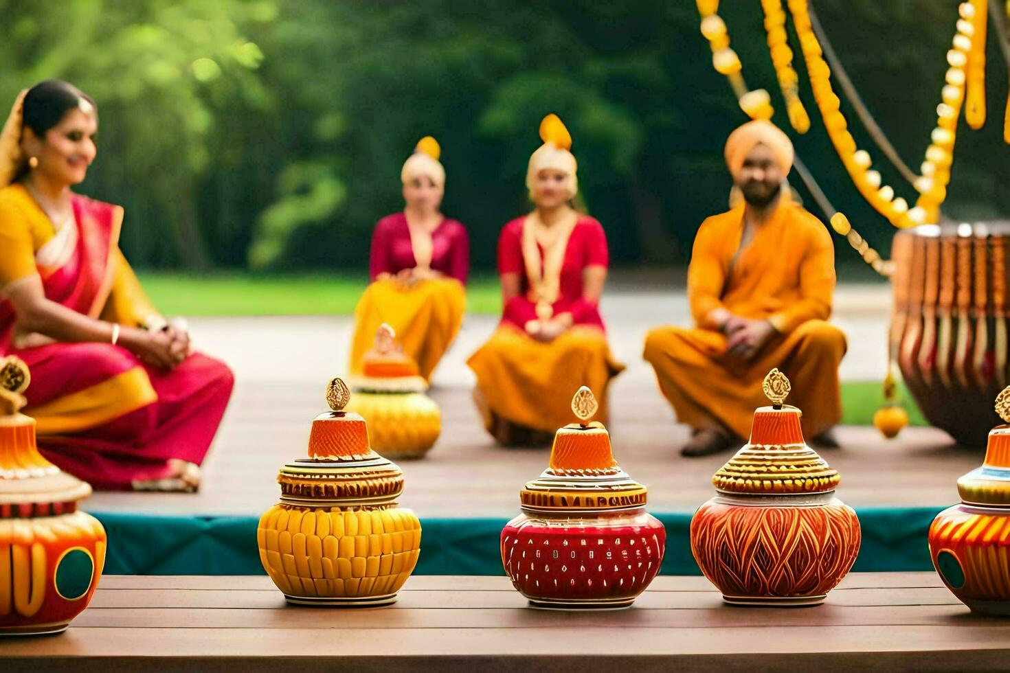 indiano Casamento cerimônia com mulheres dentro colorida saris. gerado por IA foto