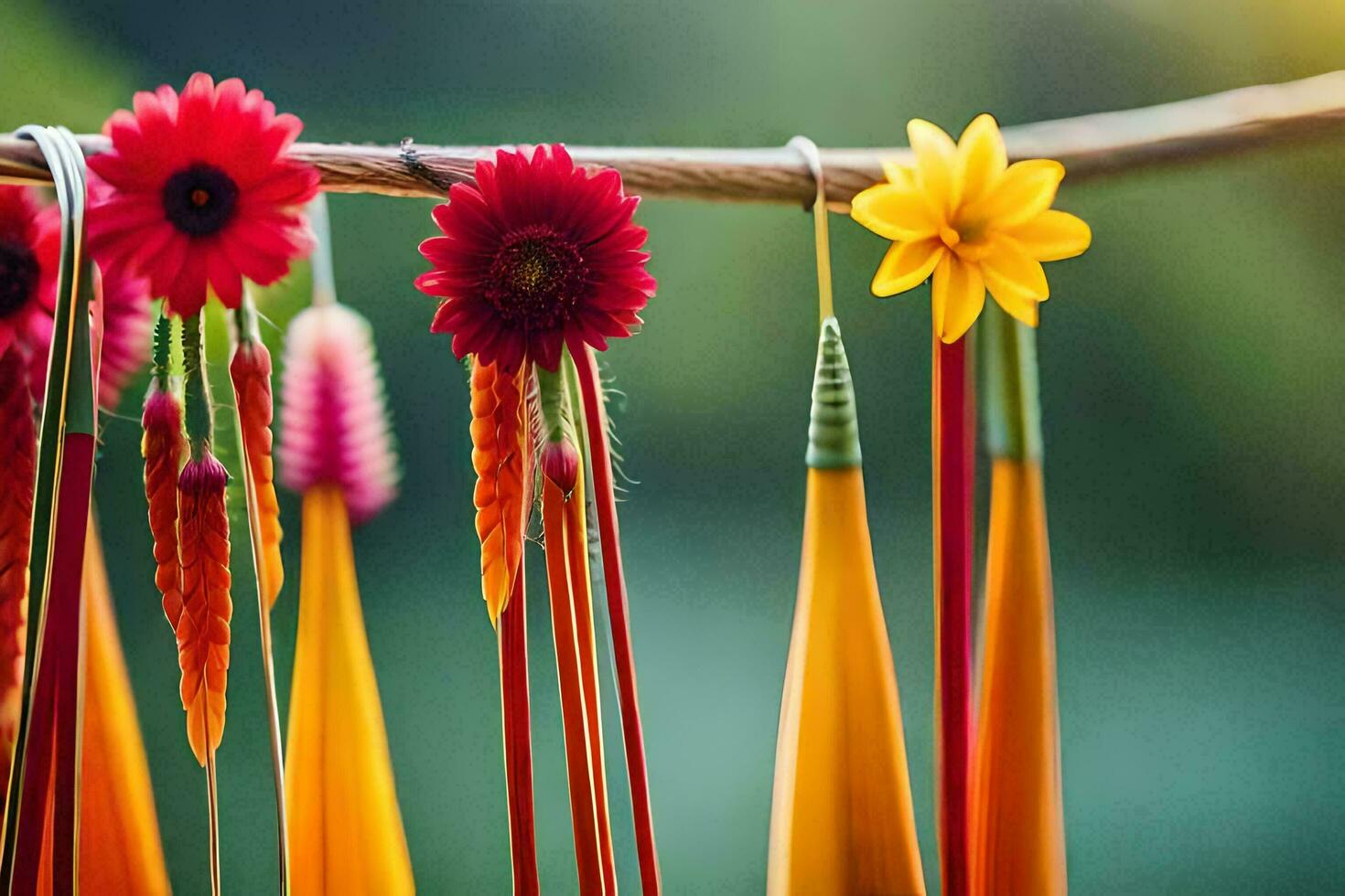 colorida flores suspensão a partir de uma ramo. gerado por IA foto