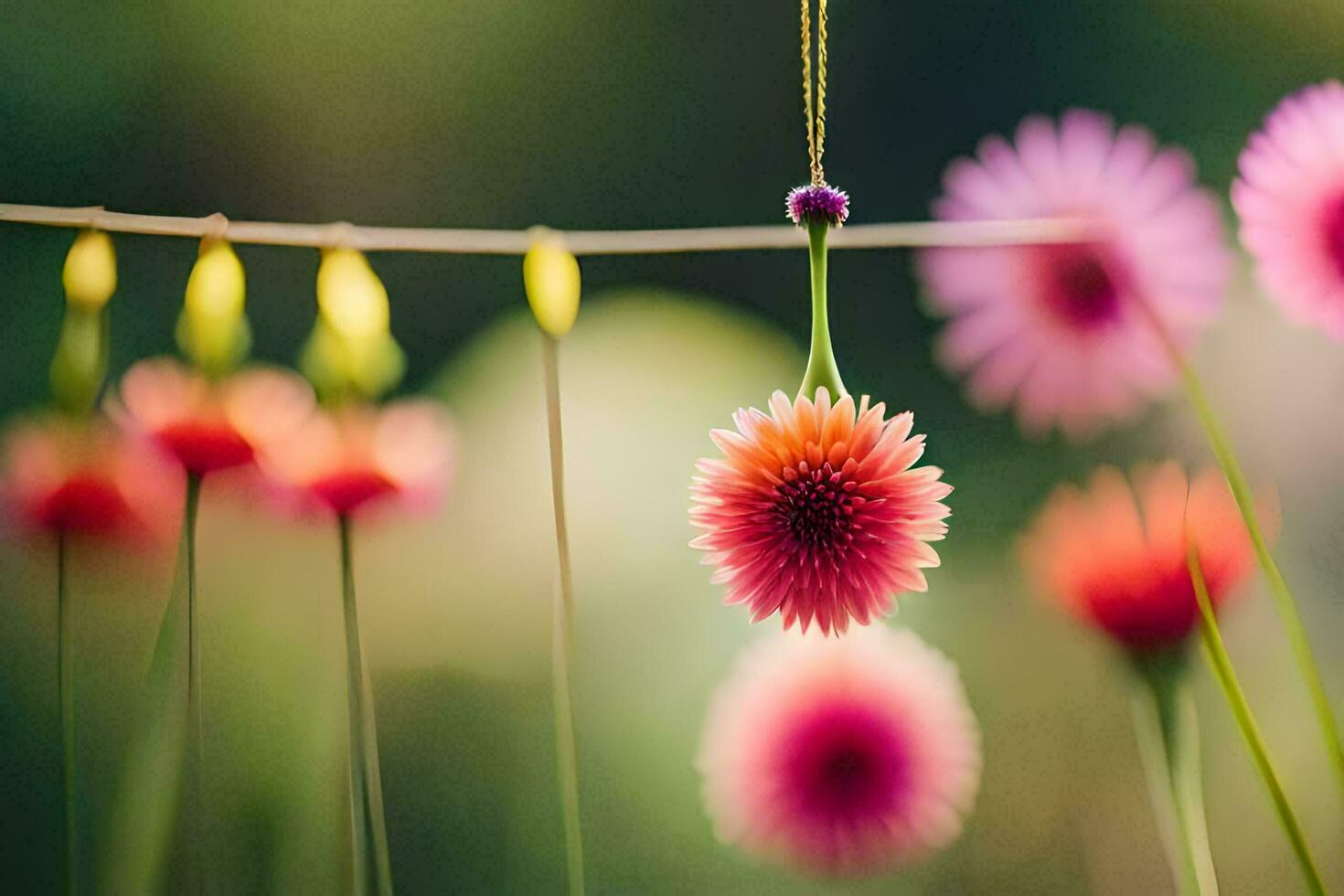 flores suspensão a partir de uma corda dentro a jardim. gerado por IA foto