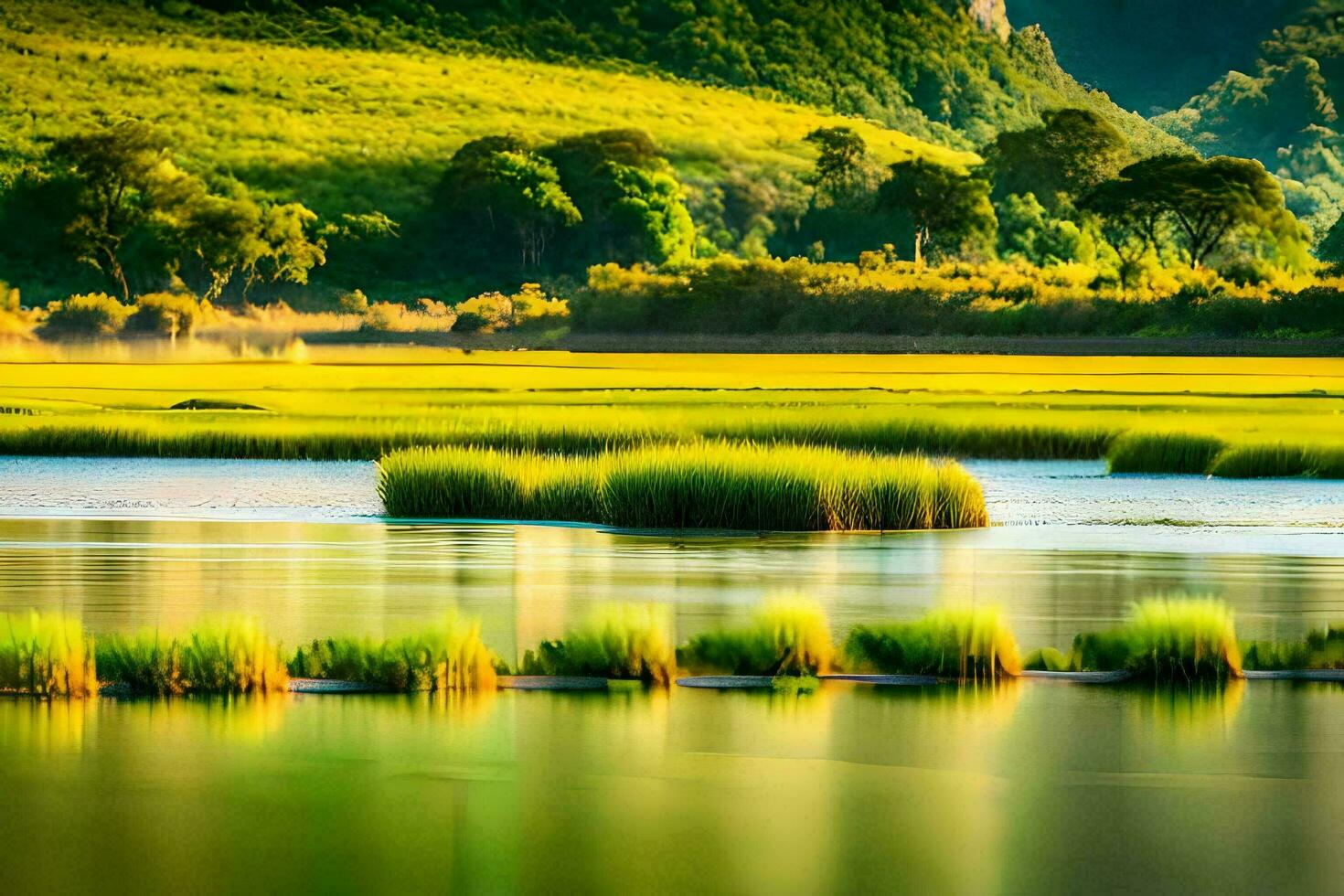 uma rio com Relva e árvores dentro a primeiro plano. gerado por IA foto