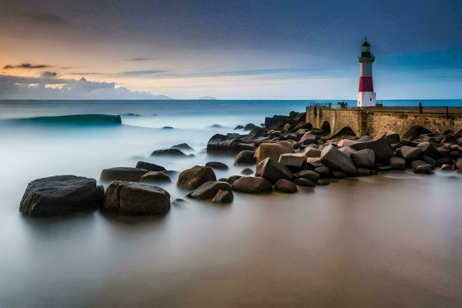 uma grandes exposição fotografia do uma farol às pôr do sol. gerado por IA foto