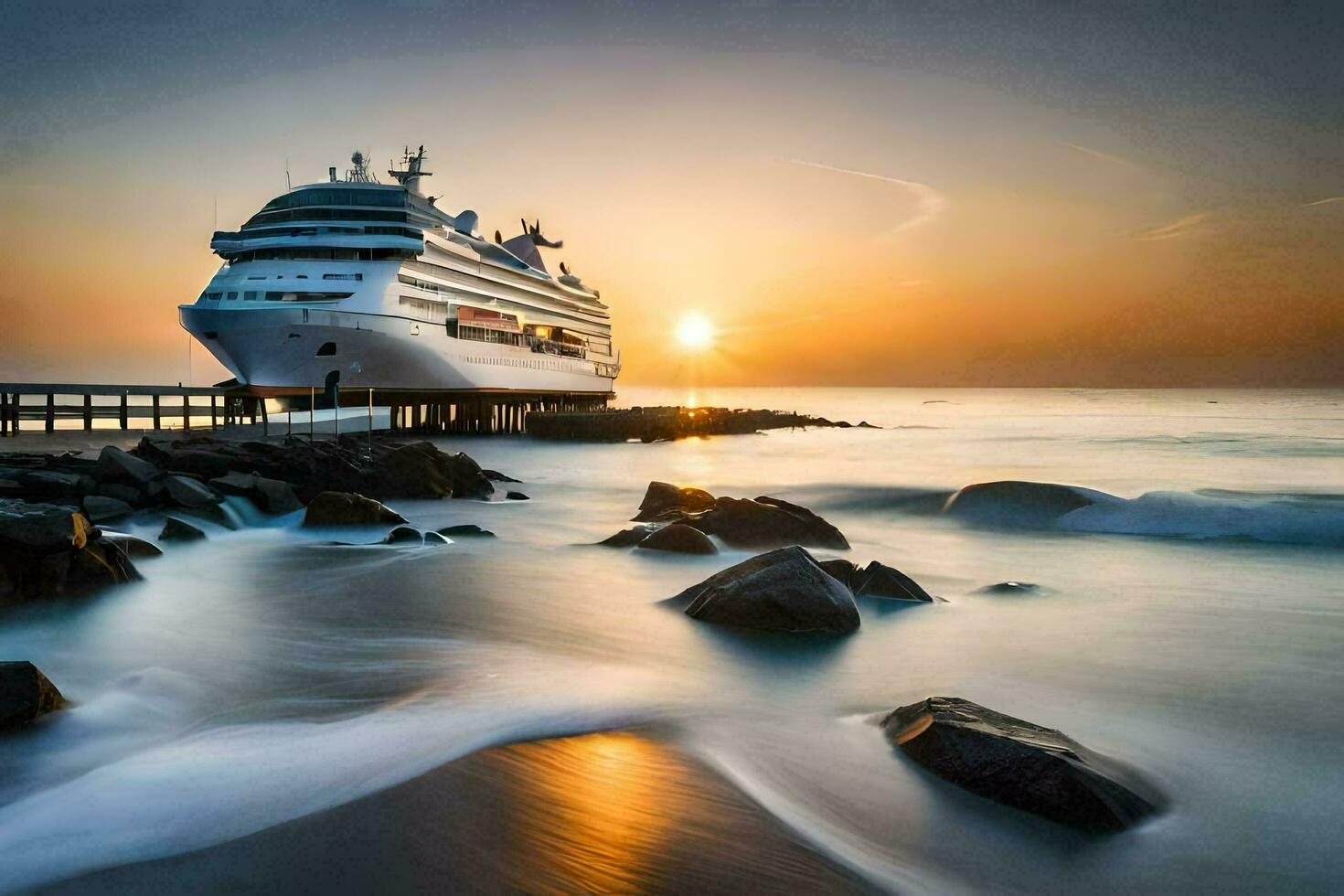 uma cruzeiro navio ancorado às a de praia às pôr do sol. gerado por IA foto