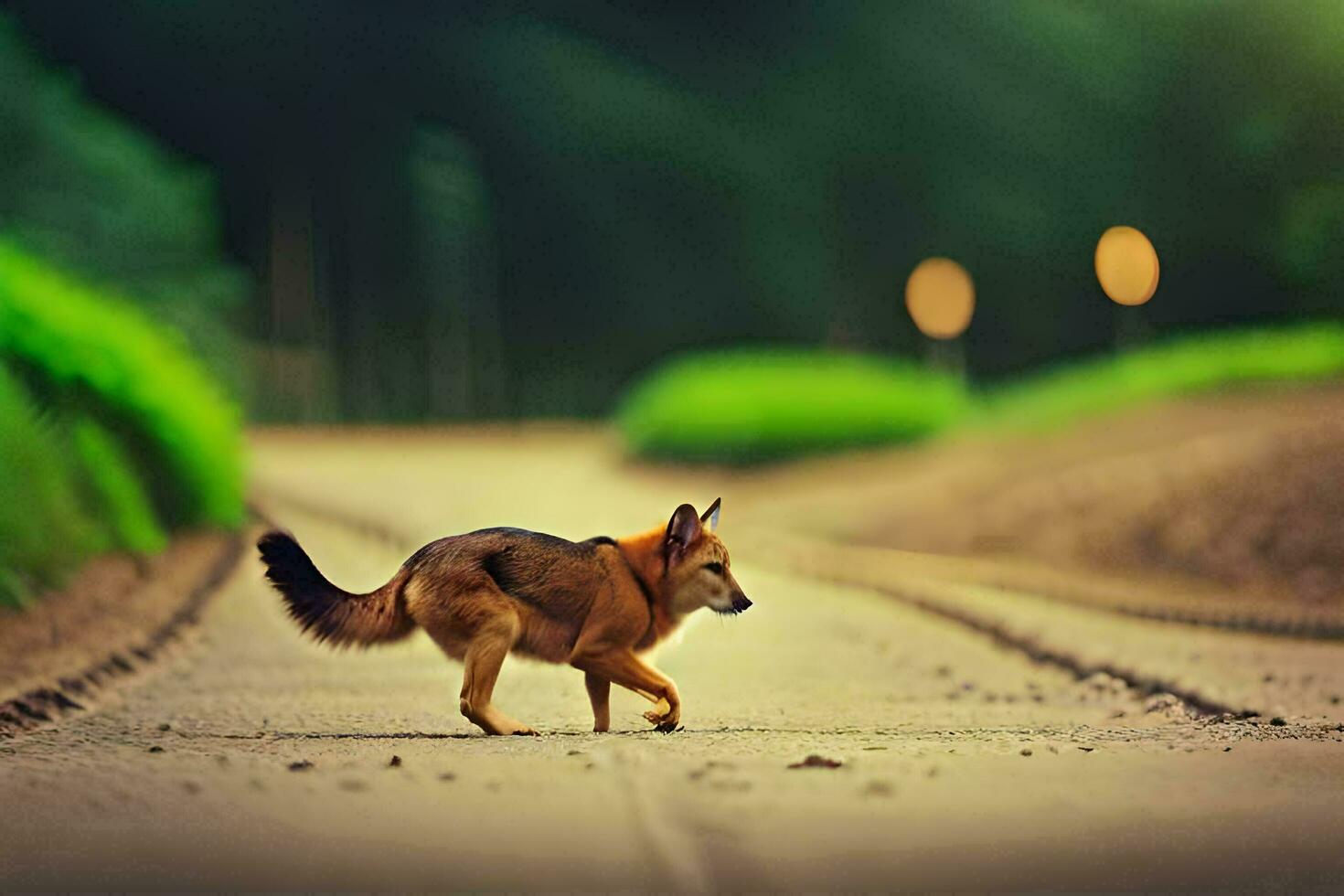 uma cachorro caminhando em uma estrada dentro a meio do uma campo. gerado por IA foto