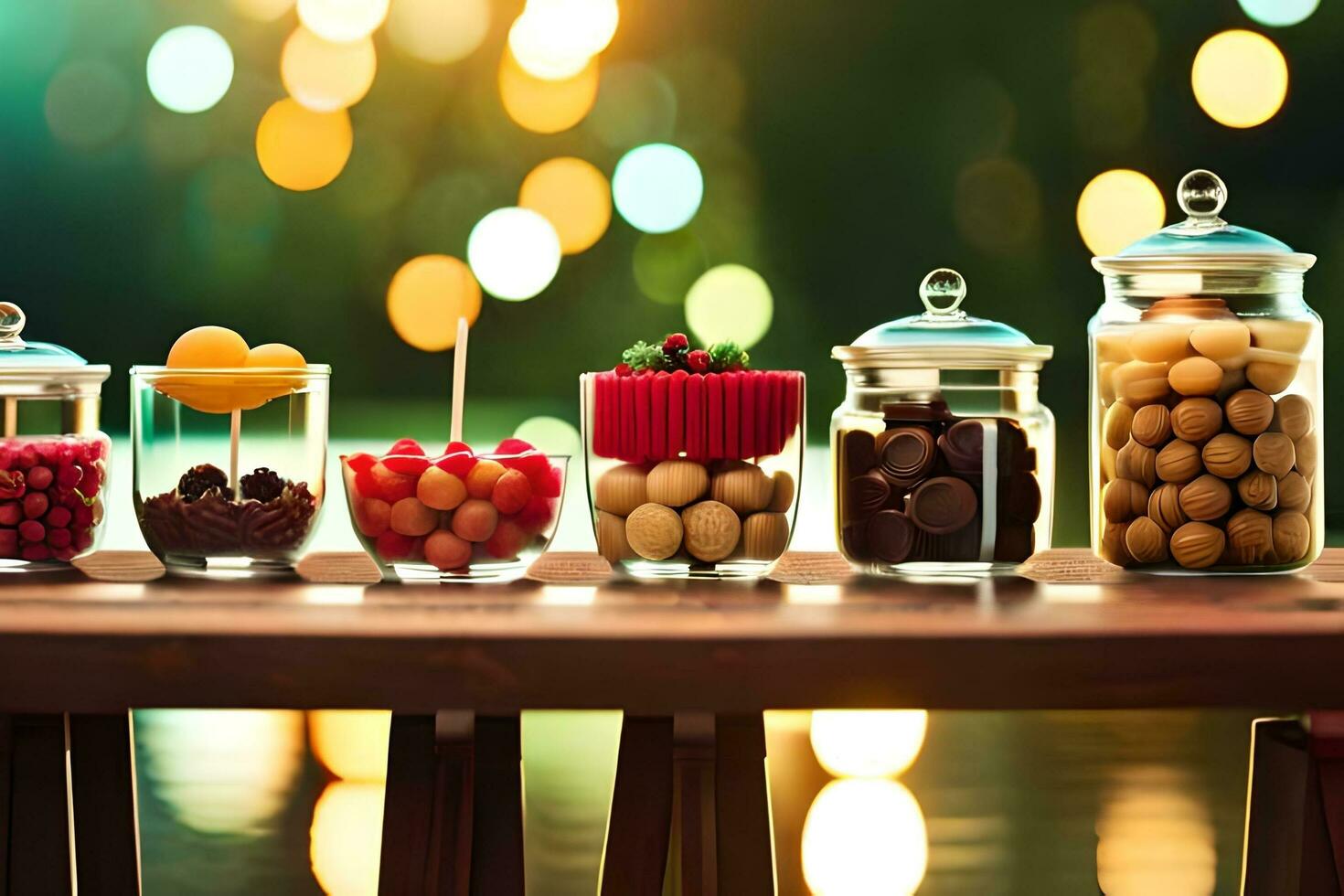 vários tipos do doces dentro vidro frascos em uma mesa. gerado por IA foto