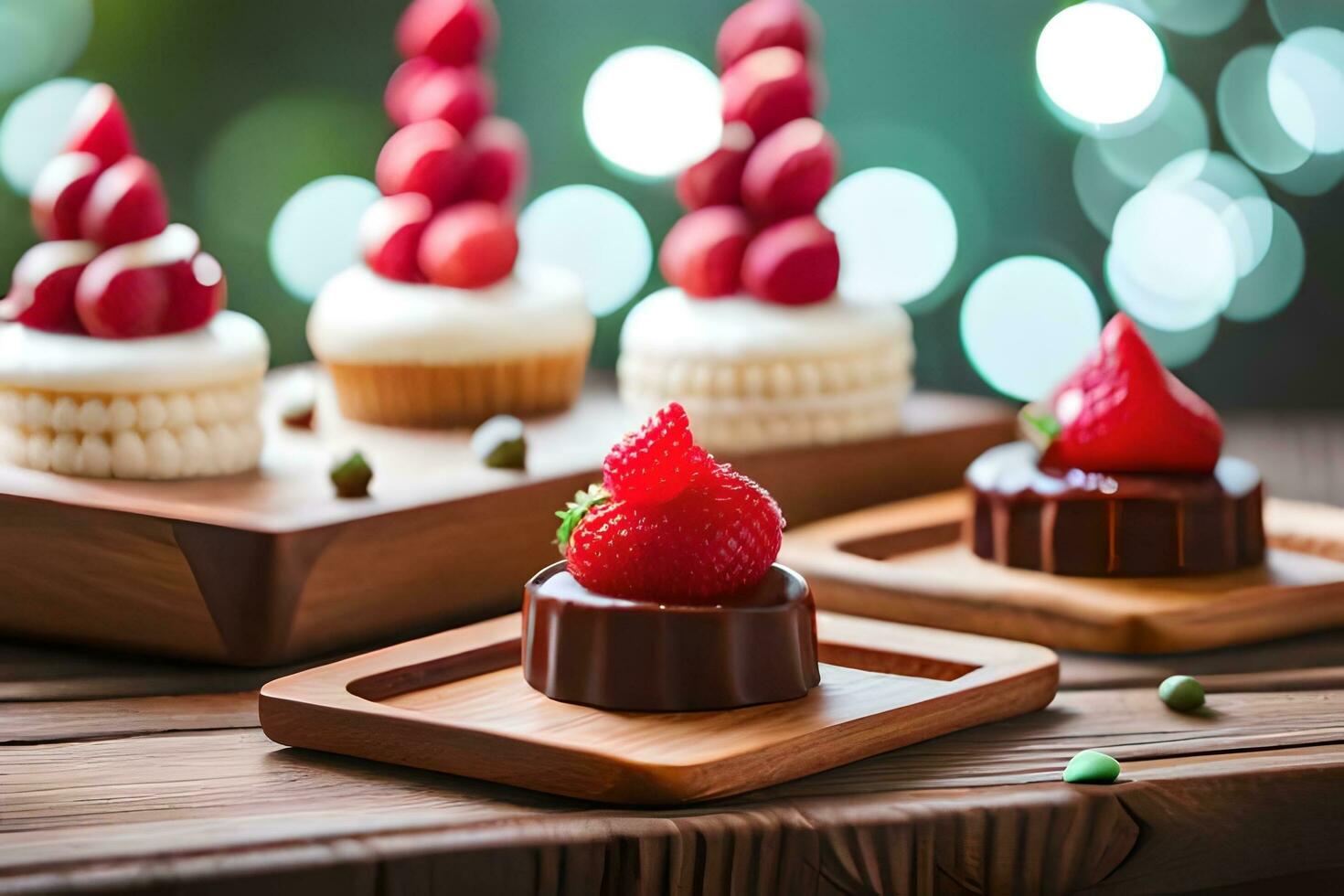 chocolate sobremesas em de madeira bandejas com morangos. gerado por IA foto