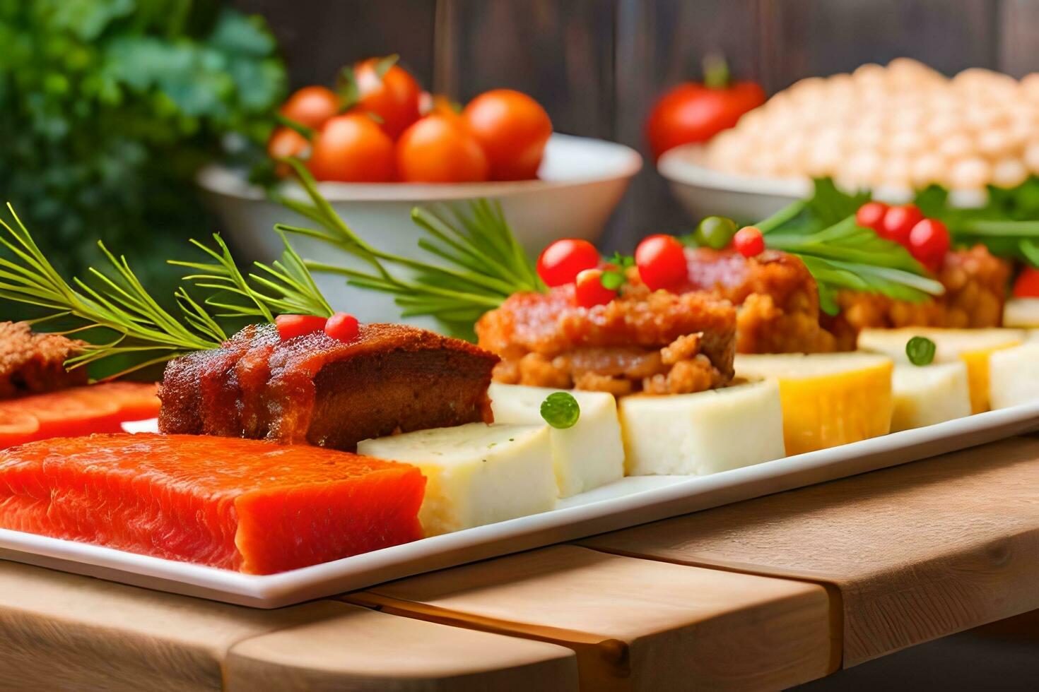 uma prato do Comida com carne, queijo e legumes. gerado por IA foto