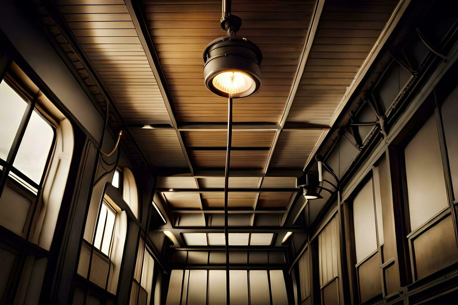 uma grandes corredor com uma luz suspensão a partir de a teto. gerado por IA foto