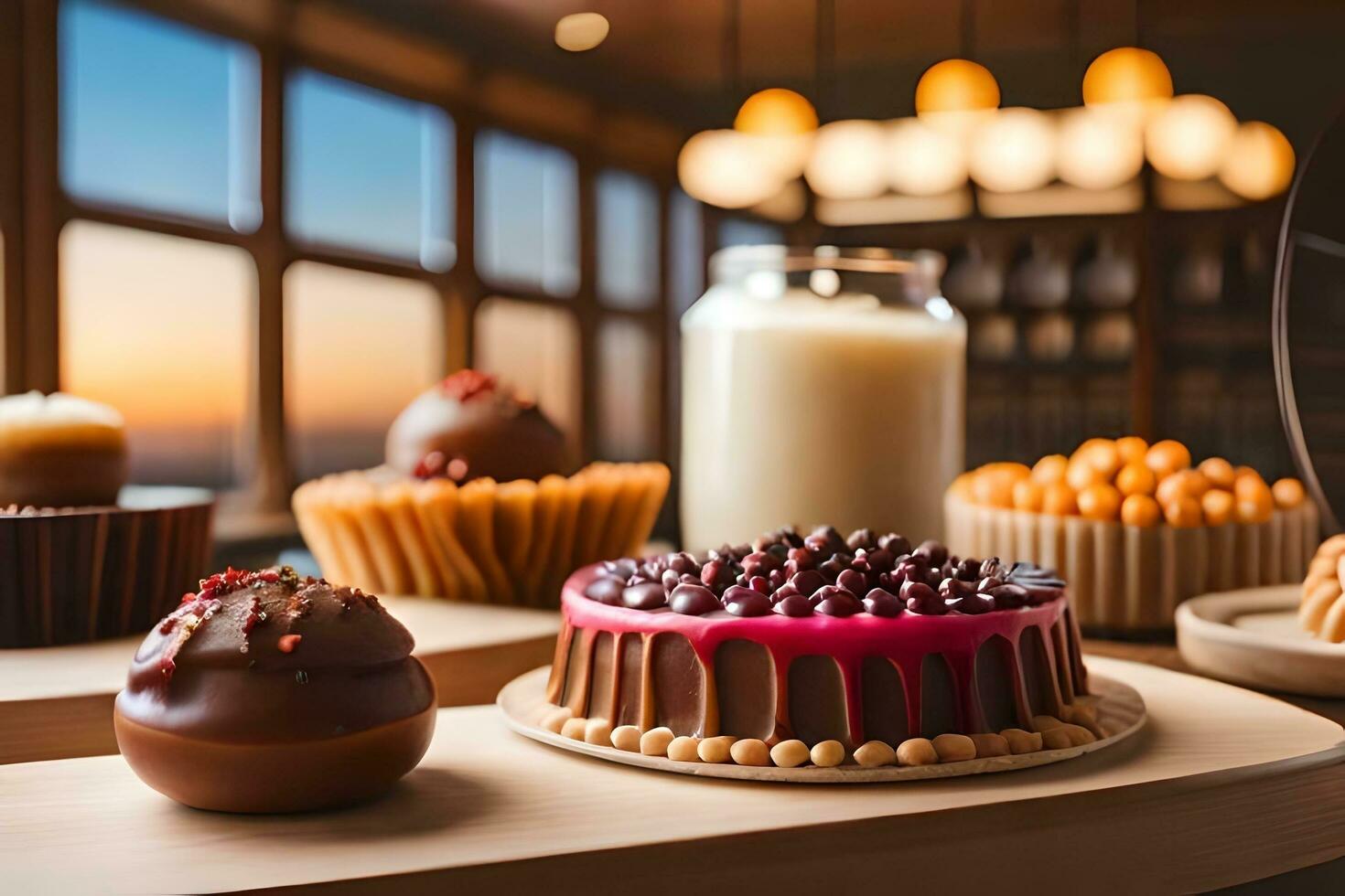 chocolate sobremesas em uma mesa com uma vidro do leite. gerado por IA foto