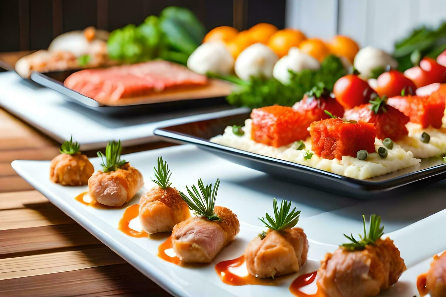 uma bufê com aperitivos e carne em pratos. gerado por IA foto