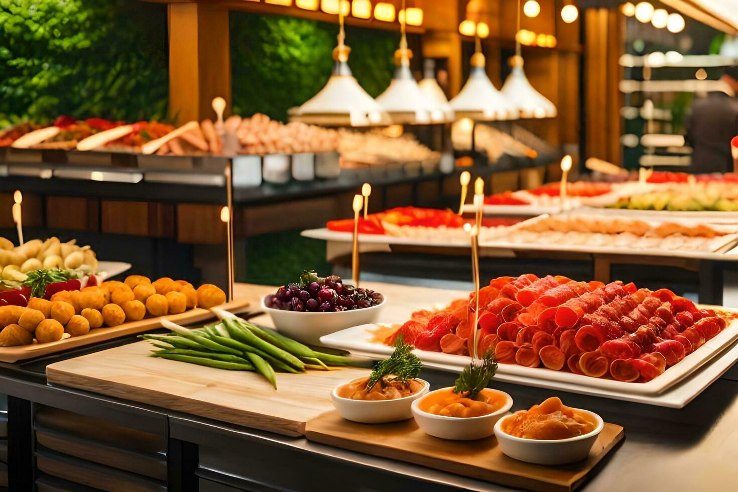 bufê com vários tipos do Comida em mostrar. gerado por IA foto