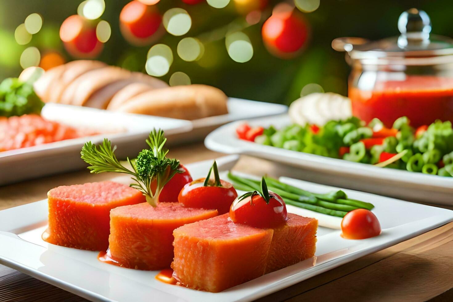 uma mesa com Comida e uma Natal árvore. gerado por IA foto