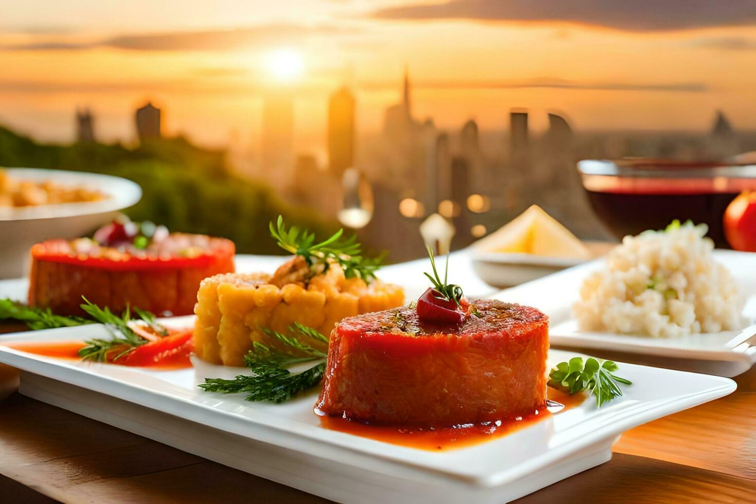 uma mesa com Comida e bebidas em isto. gerado por IA foto