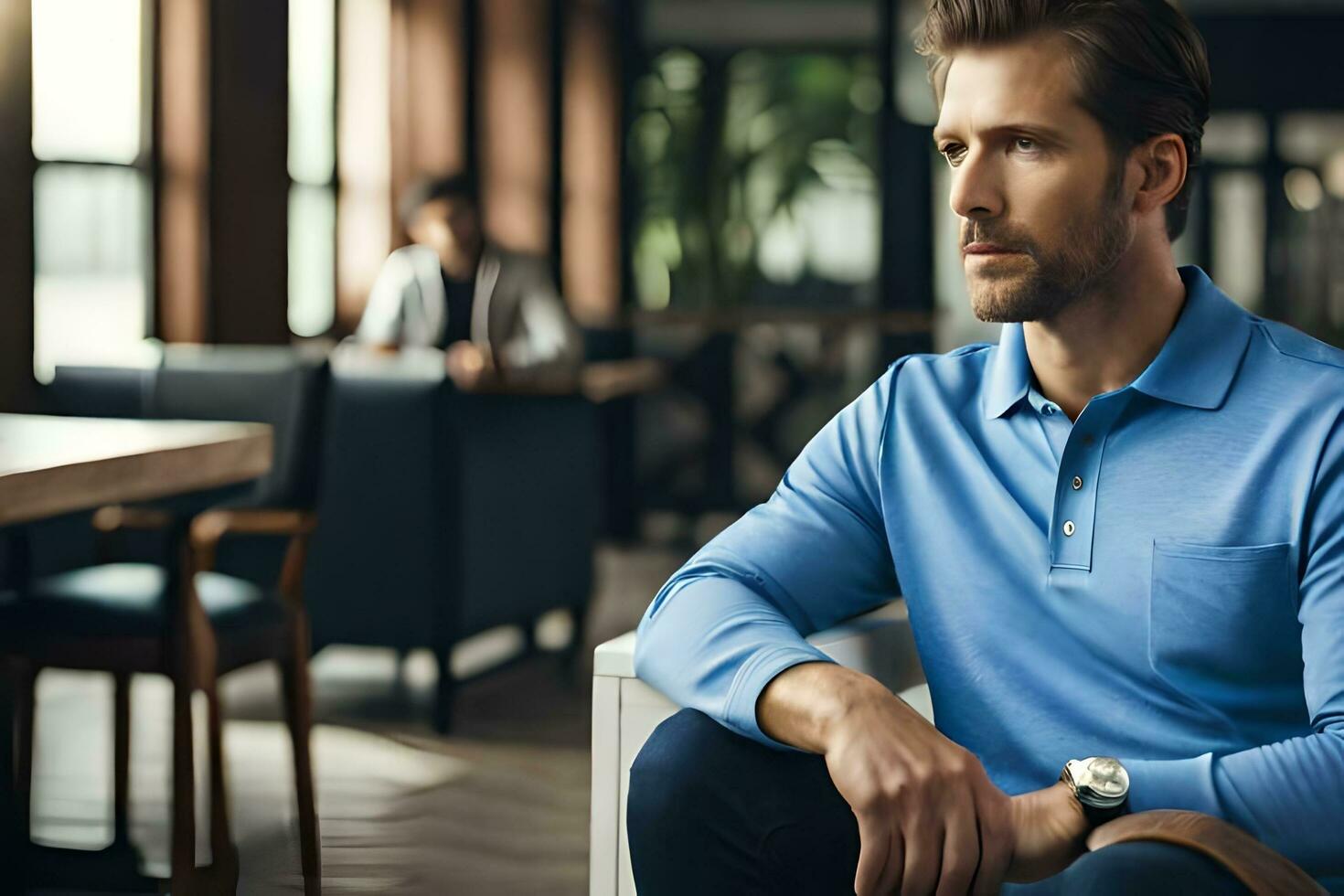 uma homem dentro uma azul camisa sentado dentro uma restaurante. gerado por IA foto