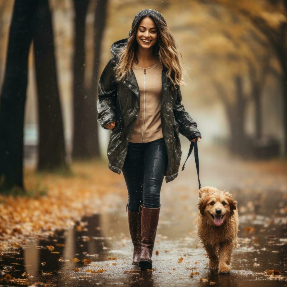 mulher caminhando dela cachorro dentro a chuva com guarda-chuva foto