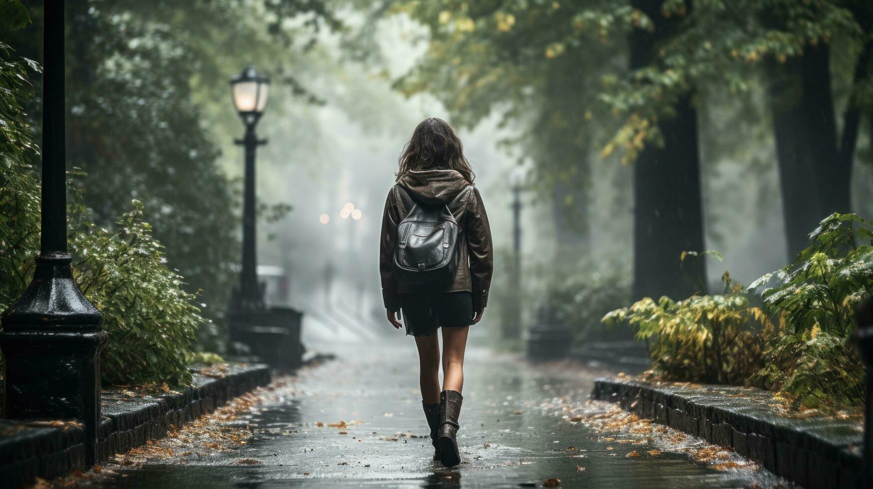 mulher caminhando sozinho dentro a chuva foto