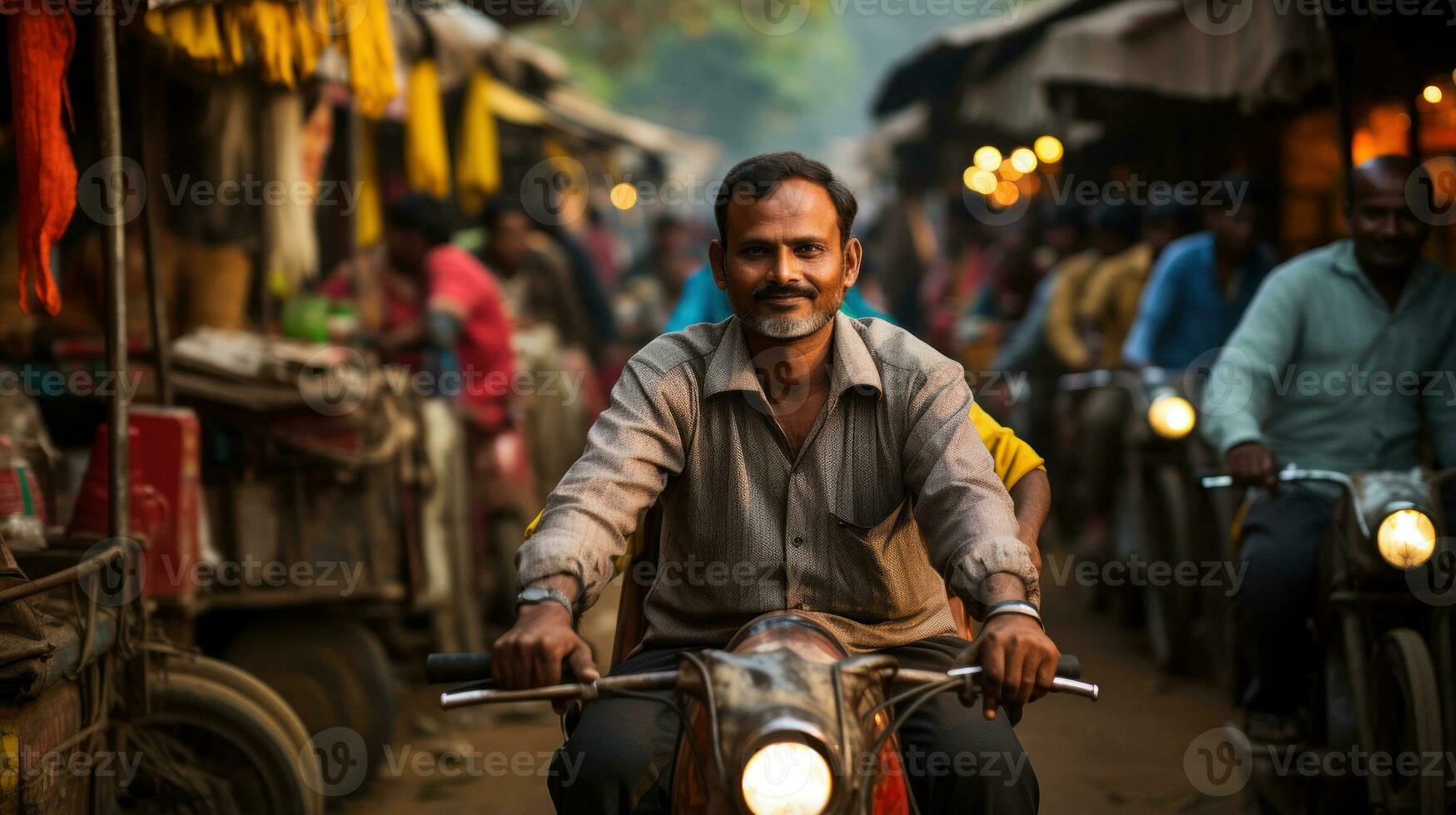Visão do desconhecidos nepalês pessoas dirigindo uma moto às thamel rua dentro Katmandu dentro a manhã. foto