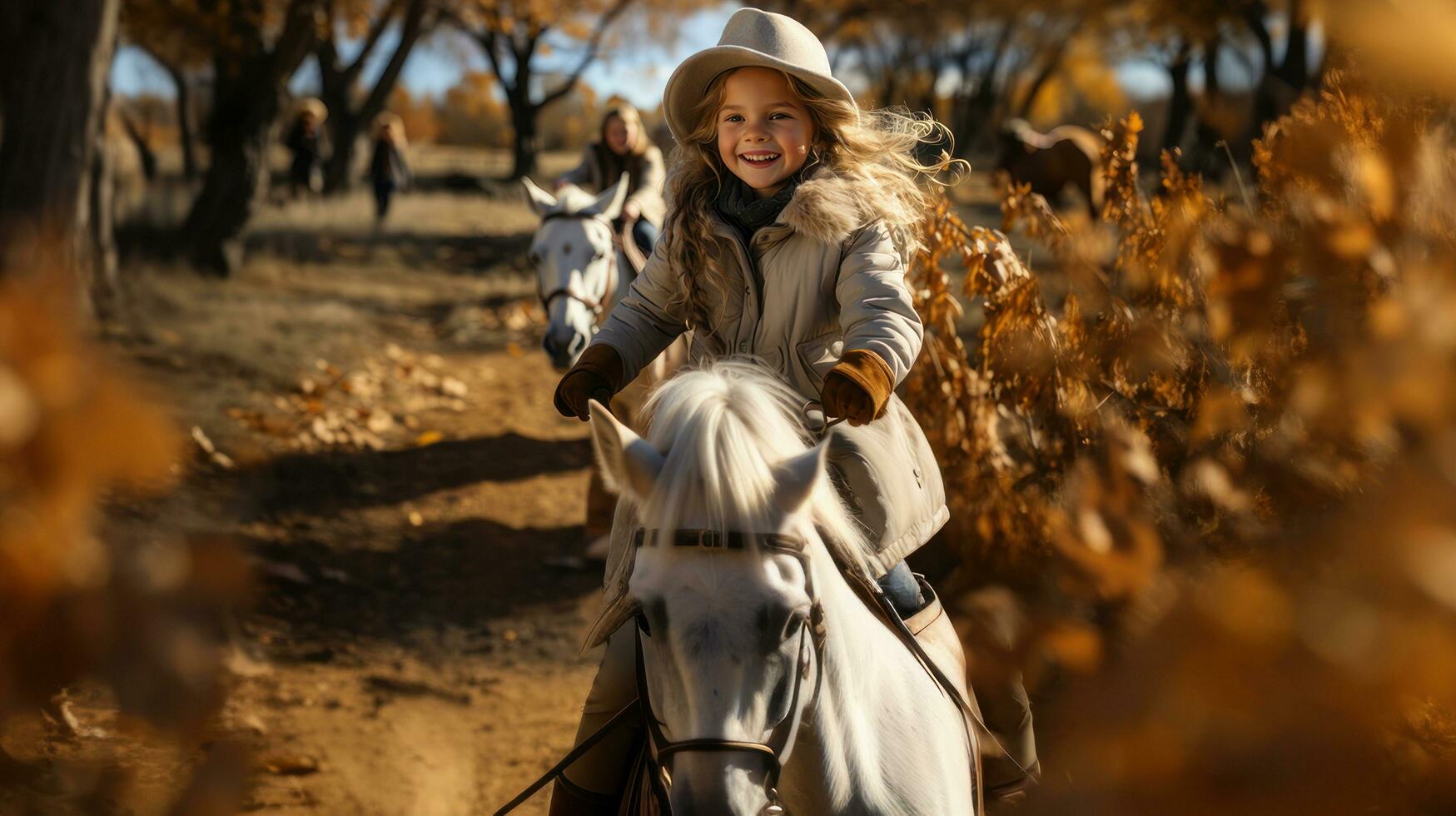 pequeno menina equitação uma branco cavalo dentro a outono floresta. fofa criança em a cavalo. foto