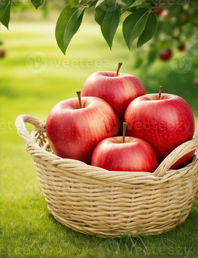 maduro vermelho maçãs dentro uma vime cesta em a verde Relva de ai gerado foto