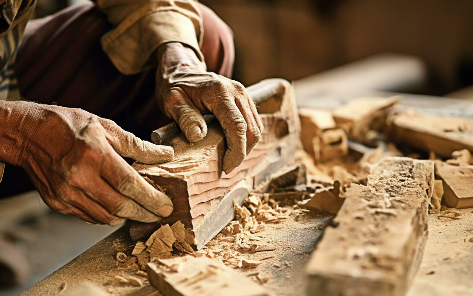 artesão precisão, uma fechar-se do uma marceneiro escultura com uma formão dentro uma oficina foto